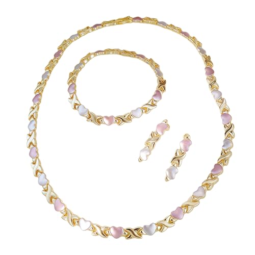 Women's Gold wedding Jewelry Set Tricolor Hugs Kisses Heart necklace set - color: Tricolor