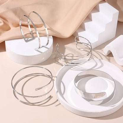 FIRAZIO 4PCS Arm Cuff Jewelry for Women | Upper Arm Cuff Bangle Band Armlet Adjustable Arm Cuff Bracelet Set - style: 4B-Silver