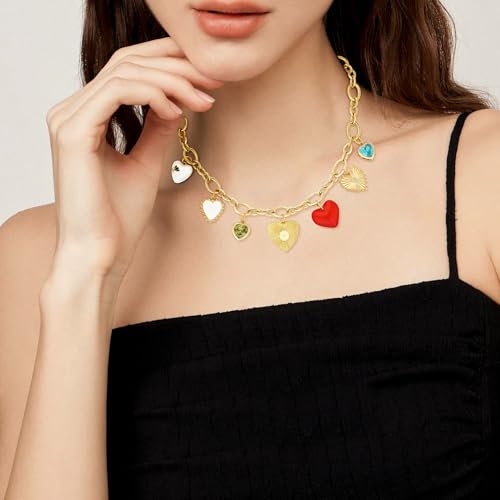 Charm Necklace for Women Gold Evil Eye Sun Moon Flower Coin Pendant Necklace Dainty Paperclip Chain Vintage Luck Amulet Choker Necklaces Celestial Jewelry Gift - style: 7 Heart Charms