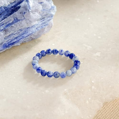 NLIEO Handmade Natural Gemstone Crystal Beaded Stretch Band Ring for Women | Handmade, 3mm Natural Stone, Size 7-12, Stretchy, Beaded Jewelry, Green Bead Rings, Trendy Jewelry Gift - style: Sapphire