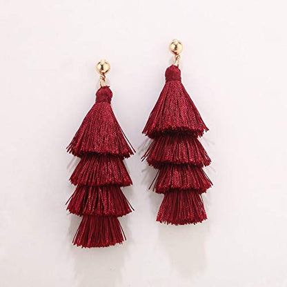 BaubleStar Bohemian Layered Tassel Drop Earrings for Women | Lightweight Statement Party Festival Jewelry - color: Burgundy