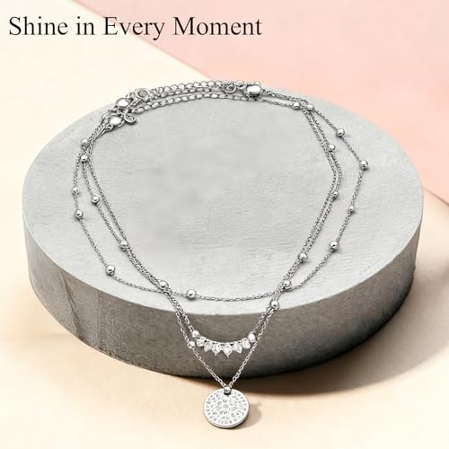 Silver Plated Layered Choker Necklaces, Dainty Stackable Coin Chain Pendant Necklace, Trendy Fashion Jewelry Holiday Birthday Gift for Women