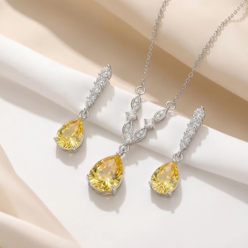 Platinum Plated Cubic Zirconia Teardrop Pendant Necklace Dangle Earrings Set, Silver Jewelry Set for Women,Wedding Jewelry Set for Bride,Bridesmaid Jewelry Gift, Gift for Valentine's Day, Birthday - color: Yellow