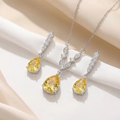 Platinum Plated Cubic Zirconia Teardrop Pendant Necklace Dangle Earrings Set, Silver Jewelry Set for Women,Wedding Jewelry Set for Bride,Bridesmaid Jewelry Gift, Gift for Valentine's Day, Birthday - color: Yellow