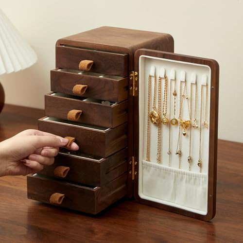 Black Walnut Solid Wood Cabinet Jewelry Box, Large | Women, Velvet Lined Organizer, 6 Drawers, Cherry Wood Cat Inlays, Rosewood Handles - size: cat