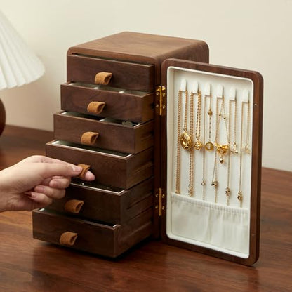 Black Walnut Solid Wood Cabinet Jewelry Box, Large | Women, Velvet Lined Organizer, 6 Drawers, Cherry Wood Cat Inlays, Rosewood Handles - size: cat