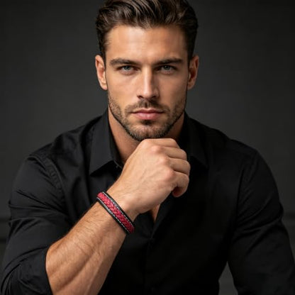 Italian Handmade Leather Bracelets for Men - color: Black Red, size: 8.2"