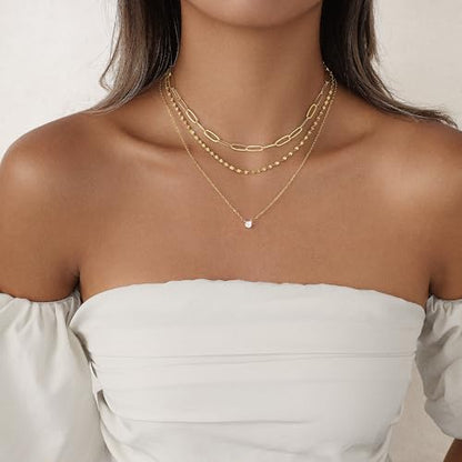 Layered Gold Necklace Set for Women Dainty Waterproof Cute Choker | 14K Gold Plated Minimalist Non Tarnish Lightweight CZ Pendant Pearl Twist Paperclip Chain Jewelry Gifts - style: 3PCS-Paperclip chain zircon-GD
