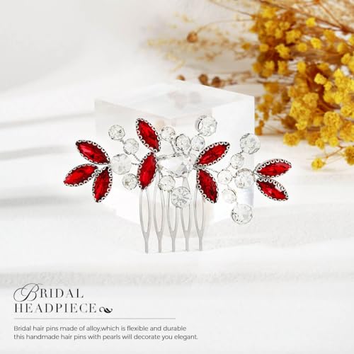Catery Rhinestone Bride Wedding Hair Comb Red Crystal Side Comb Bridal Hair Piece Clips Headpiece Bridesmaid Hair Accessories for Women and Girls - color: Red