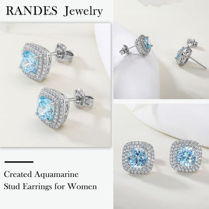 Dainty Birthstone Earrings for Women Sterling Silver Small Stud Earrings with Halo Cushion/Round Created Gemstone Earrings Birthstone Jewelry - style: A 03. Mar./created aquamarine-cushion cut