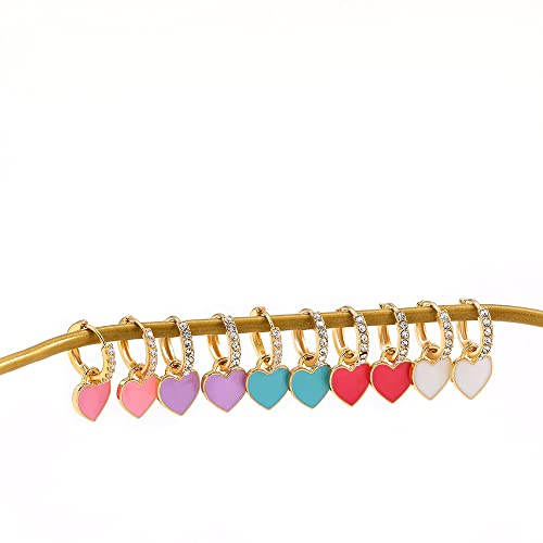 Preppy Love Heart Hoop Earrings for Women Teen Girls Gold Plated Cubic Zirconia CZ Charms Dangle Drop Huggie Small Hoops Cartilage Earring Fashion Colorful Y2K Jewelry Cute Gifts - color: Fuchsia