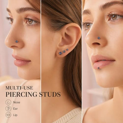 Hypoallergenic Nose Studs Flat Back Screw Ear Studs 18K Gold Plated 316 Stainless Steel, CZ Studs for Nose, Ear, Lip, Vertical Labret Piercing Jewelry, 2-5mm CZ 6-8mm Post with 1 Taper,4 Silicone Pads - color: Black, size: 5mm