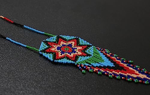 Handmade Native American Style Tribal ethnic Seed Bead Beaded Layered Medallion Necklace 4 - color: Skyblye Red & Green