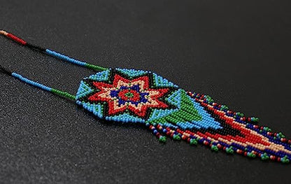 Handmade Native American Style Tribal ethnic Seed Bead Beaded Layered Medallion Necklace 4 - color: Skyblye Red & Green