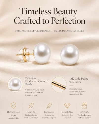 Pearl Earrings Hypoallergenic, Handpicked 18K Gold Plated Sterling Silver | Freshwater Cultured Pearl Stud Earrings Flat Back for Sensitive Ears, 8-14mm, Nickel Free, Non Tarnish Gift Pouch - size: 12mm