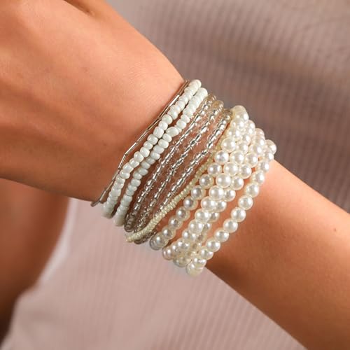 16-30Pcs Handmade Bohemian Colorful Crystal Seed Beads Stackable Adjustable Elastic Stretch Multilayerd Bracelets for Women Summer Vacation Beach Boho Bangle Jewelry - color: pearl