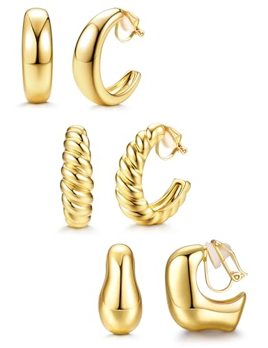 BESTEEL 3Pairs Clip on Earrings for Women Trendy Chunky Hoops Fake Earrings | Hypoallergenic 14K Gold Plated Lightweight Tube Croissant Waterdrop Clip-on Earrings Set Non Pierced Earrings Jewelry Gift - color: Gold-Trendy