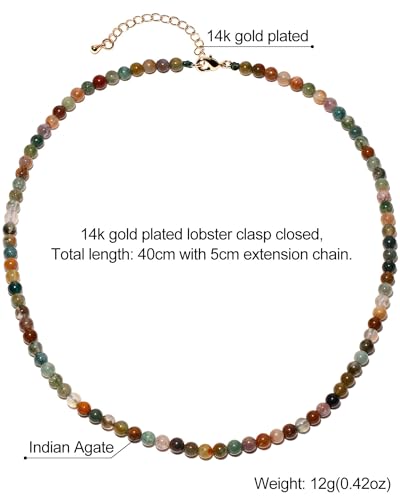 Simple 4mm Gemstones and Crystals Choker Necklace Unisex 16"-18" | Necklaces for Women Men, Adjustable, 40-45 cm Chain Length, Handmade, Spiritual Gemstones, Positive Energy, Daily Wear - style: Indian Agate