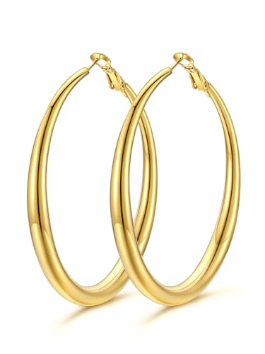 KeyStyle 5mm Thick Hoop Earring，Large Gold Hoop Earrings for Women | Stainless Steel Hoops Earring 14K Gold Plated/Silver/Black Hoop Lightweight Hypoallergenic Hollow Tube Hoop(40/60/80MM) - color: Gold, size: 60mm