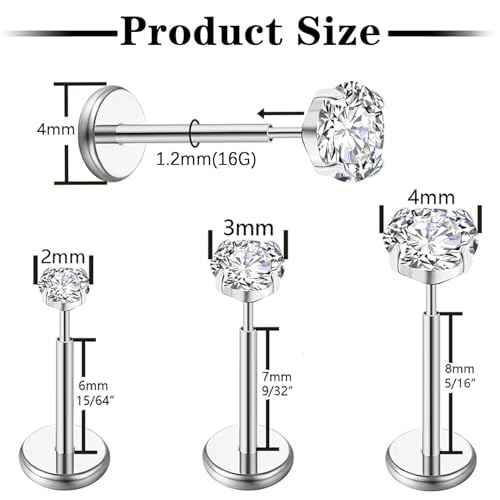 Gotumo 20G Flat Back Earrings Stud G23 Titanium Threadless Tragus Labret Cartilage Lip Medusa Conch Body Piercing Jewelry Hypoallergenic for Women Men - color: Silver 16G Bar-6/7/8mm&CZ-2/3/4mm