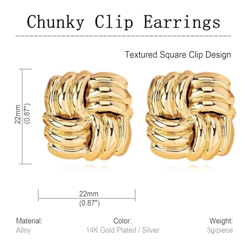 REELMAR Chunky Geometric Clip On Earrings for Women Trendy Gold-Plated Thick Hammered Rectangle Dupes Earrings Minimalist Statement Earrings No Piercing Clips - color: Gold-Square