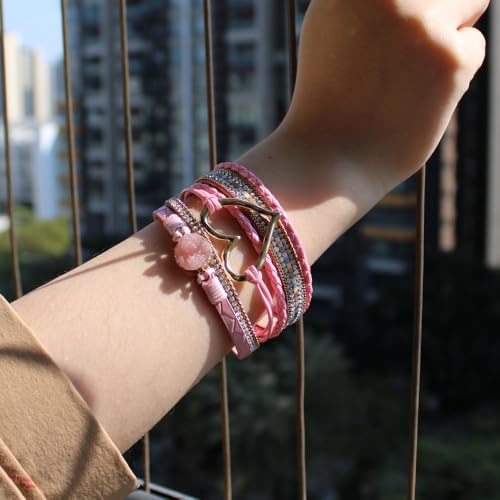 Womens Love Heart Leather Wrap Bracelet Multi-layer Stacked Bangle | Magnetic Clasp Soft PU Leather Resin Stone Rhinestone Boho Style Birthday Valentine Christmas Bohemian Jewelry Gift - color: Pink
