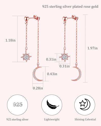 Moon and Star Dangle Earrings | Chain Tassel with Cubic Zirconia Drop Front and Back Earrings Celestial Jewelry for Wedding Gift - color: Rose Gold