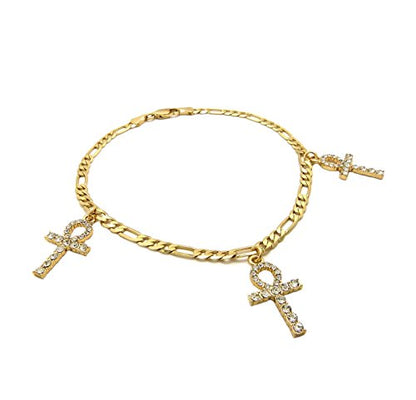 Fashion 21 Women's Cross, Ankh, Queen Nefertiti Piece 10 inches Figaro Chain Anklet Foot Bracelet in Gold Tone - style: Three Ankh Pieces / Figaro