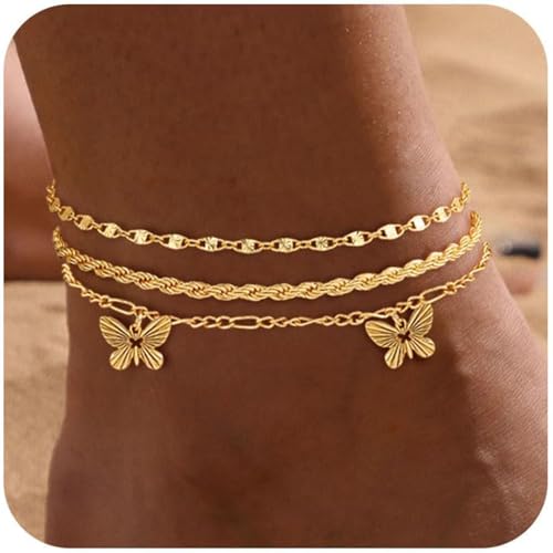 Gold Ankle Bracelets for Women 14k Gold Plated Cuban Link Chain Anklet Set | Stackable, Waterproof, Layered Anklet Bracelets, Non Tarnish, Summer Beach Jewelry - color: Gold D-3Pcs