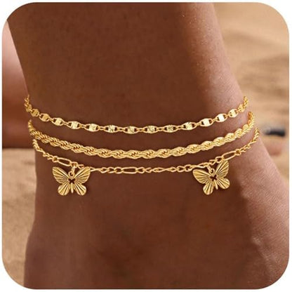 Gold Ankle Bracelets for Women 14k Gold Plated Cuban Link Chain Anklet Set | Stackable, Waterproof, Layered Anklet Bracelets, Non Tarnish, Summer Beach Jewelry - color: Gold D-3Pcs