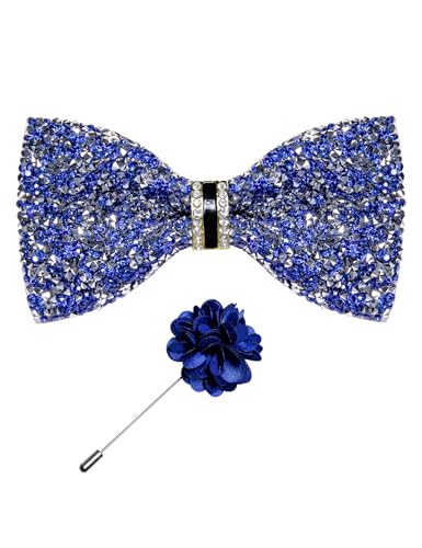 DiBanGu Mens Rhinestone Bow Tie with Ring and Lapel Pin Set | Adjustable Strap,Pre-tied Style,3PCS,Sequin Diamond Bowties，Solid/Mix Color,Shiny Accessory,for Party Prom Banquet Wedding - color: Blue and Silver