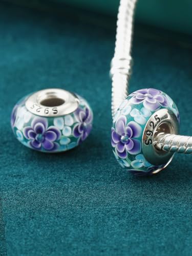 2pcs Authentic 925 Silver Murano Glass Flower Charms for Pandora Bracelets - color: 01-Purple flowers
