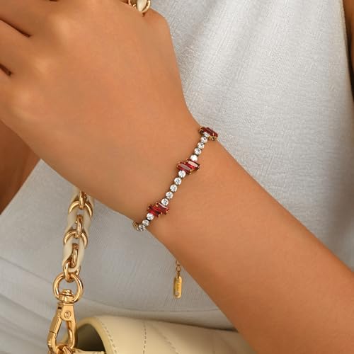 18K Gold Plated Cubic Zirconia Tennis Bracelet for Women Sparkling Stackable Stainless Steel Jewelry Hypoallergenic Tarnish Resistant Bridal Gift - color: Red Baguette CZ-Gold