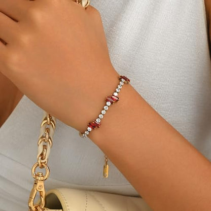 18K Gold Plated Cubic Zirconia Tennis Bracelet for Women Sparkling Stackable Stainless Steel Jewelry Hypoallergenic Tarnish Resistant Bridal Gift - color: Red Baguette CZ-Gold