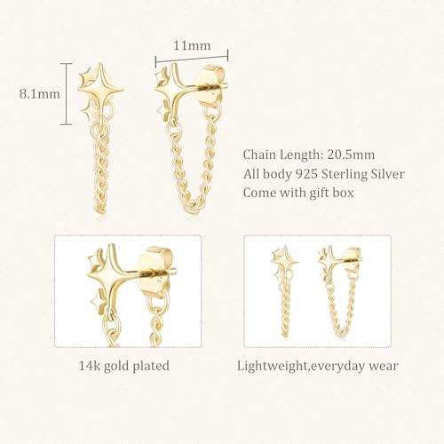 JIAYIQI Minimalist 925 Sterling Silver Stud Earrings Set, 14K Gold Plated Hypoallergenic Tiny Bar Dot Heart Star Studs for Women & Men - style: Gold-Chain Stars-1 Pair