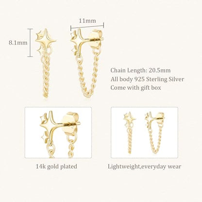 JIAYIQI Minimalist 925 Sterling Silver Stud Earrings Set, 14K Gold Plated Hypoallergenic Tiny Bar Dot Heart Star Studs for Women & Men - style: Gold-Chain Stars-1 Pair