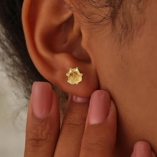 Crystal Earrings, Natural Raw Citrine Prong Setting Stud Earrings for Women, Handmade Gold Plated November Birthstone Earrings