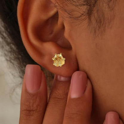 Crystal Earrings, Natural Raw Citrine Prong Setting Stud Earrings for Women, Handmade Gold Plated November Birthstone Earrings