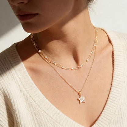 WEARON Gold Necklace for Women Gold Star Necklace 14K Gold Plated CZ Necklace Dainty Choker Charm Necklaces Hypoallergenic Trendy Jewelry for Women Gift - color: Star CZ