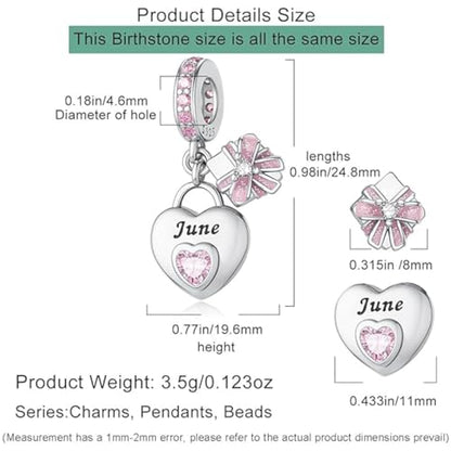 Love Heart Birthstone Dangle Charms Compatible with Pandora Bracelets | 925 Sterling Silver 5A Cubic Zirconia Mother's Day Christmas Birthday Birthstone Gifts Bead Charm Pendants Women Jewelry - color: June Dangle Birthstone Charms