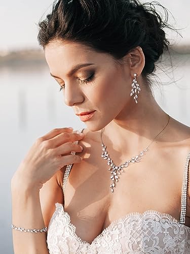 SWEETV Jewelry Set for Women, Cubic Zirconia Marquise Vine Cluster Bridal Earrings and Necklace Set, Bridal Jewelry Set for Wedding Prom - color: S11 Silver