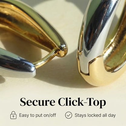 Trendy Two Tone Gold and Silver Oval Hoop Earrings, 14K Gold Plated | 925 Sterling Silver Post, Twisted Oval Design, Lightweight Small Chunky Huggie Hoops, Statement Jewelry Gift for Women