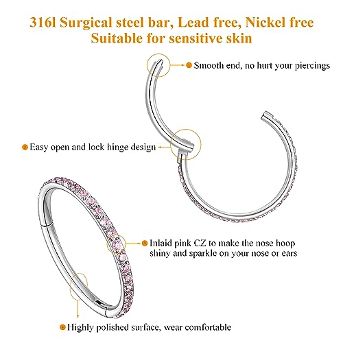MissNity 20G, 18G, 16G, 14G Hinged Nose Rings Hoop with Gem in 316L Surgical Steel, Septum Clicker Cartilage Earrings Conch Daith Helix Rook Ear Lobe Piercing Jewelry, Diameter 6mm to 12mm - color: 08: Steel - Light pink CZ