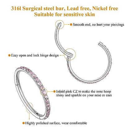 MissNity 20G, 18G, 16G, 14G Hinged Nose Rings Hoop with Gem in 316L Surgical Steel, Septum Clicker Cartilage Earrings Conch Daith Helix Rook Ear Lobe Piercing Jewelry, Diameter 6mm to 12mm - color: 08: Steel - Light pink CZ