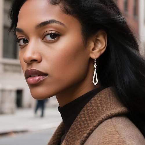 ALEXCRAFT 14K Goldplate Silver Long Rhombus Dangle Drop Earrings for Women | Trendy Hypoallergenic Lightweight Simple Daily Elegant Geometric Leverback Earrings Long Dangling Drop Earrings Boho Jewelry - color: Rhombus_Silver