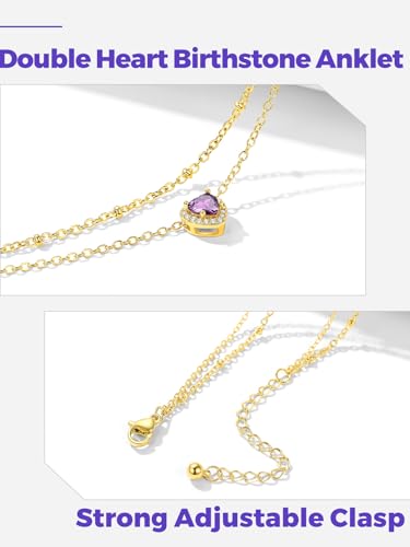 Richsteel Double Layer Heart/Butterfly Birthstone Anklet for Women | Non Tarnish Waterproof, Silver/Gold/Black Stainless Steel 8.5-10.5 Inch Adjustable Chain Anklets Summer Beach Foot Jewelry - color: Gold Heart-06 Jun.(Alexandrite)