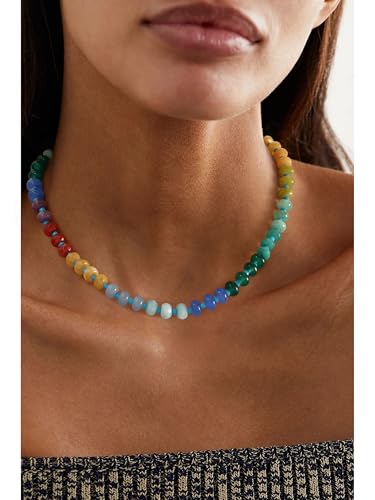 Joya Love Colorful Gemstone Beaded Necklaces For Women Trendy Rainbow Natural Stone Boho Handmade Stainless Steel Waterproof Strand Necklaces Jewelry For Women Gift - color: Red Yellow