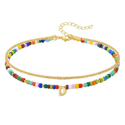 KissYan Initial Ankle Bracelets for Women | Layered Colorful Beaded Anklet with 14K Gold Chain, Waterproof Dainty Jewelry Gift for Summer Beach - style: D