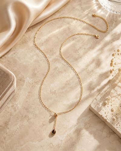 Lariat Gold Necklace for Women Dainty Long Necklaces 14k Gold Plated Tiger Eye Teardrop Pendant Y-Shaped Drop Necklaces for Women Trendy Gold Jewelry for Prom Vacation Gifts