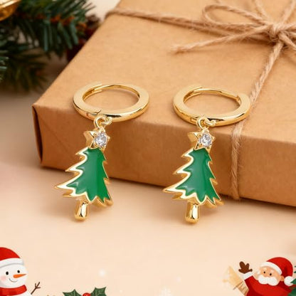 Sonateomber Christmas Tree Dangle Small Gold Hoop Earrings for Women, Cute Sparkly CZ Rhinestone Maple Clover Leaf Drop Earings Thanksgiving Holiday Accessories Fashion Jewelry Gift - color: Christmas Tree